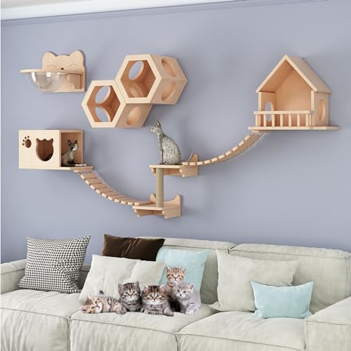 Kletterwand Katzen Holz, Katzen Wand Klettern Katzentreppe Wand, Verdickte Platte ist Robust und Langlebig, Platzsparend, Geschenk für Katze (Size : B12-10PCS) von FATACO