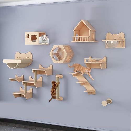 Kletterwand Katzen Holz, Katzen Wand Klettern Katzentreppe Wand, Verdickte Platte ist Robust und Langlebig, Platzsparend, Geschenk für Katze (Size : B14-15PCS) von FATACO