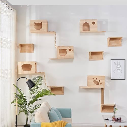 Kletterwand Katzen Set, Katzen Kletterwand Holz, Einschließlich Katzenhaus, Katzenleiter, Katzenkratzbaum, Katzenbrücke, Stabil und Langlebig (Size : B5-13PCS) von FATACO