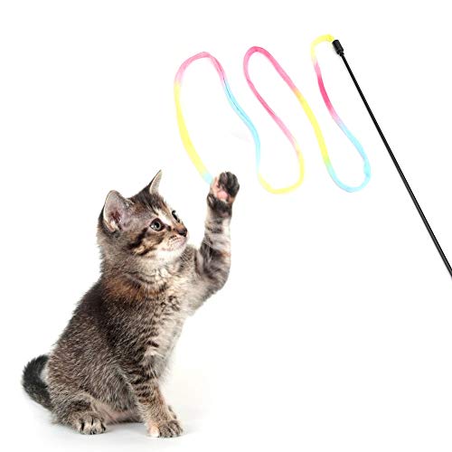 FAUOSWUK Katzenstab, Interaktives Spielzeug, Interaktives Katzenstab-Spielzeug, 48 cm Stablänge, Katzen-Regenbogen-Zauberstab-Spielzeug, Buntes Katzenschnur-Teaser-Stab-Band-Spielzeug für von FAUOSWUK