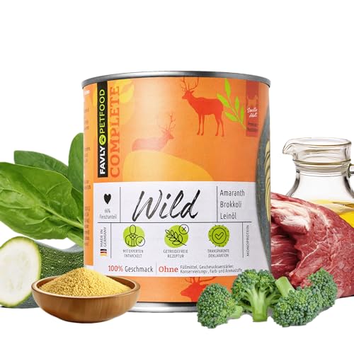 FAVLY Petfood Nassfutter Wild – getreidefrei mit Amaranth, Brokkoli & Leinöl – für Allergiker: Monoprotein & ohne ungesunde Zusätze, 800g Dose (1er Pack) von FAVLY Petfood