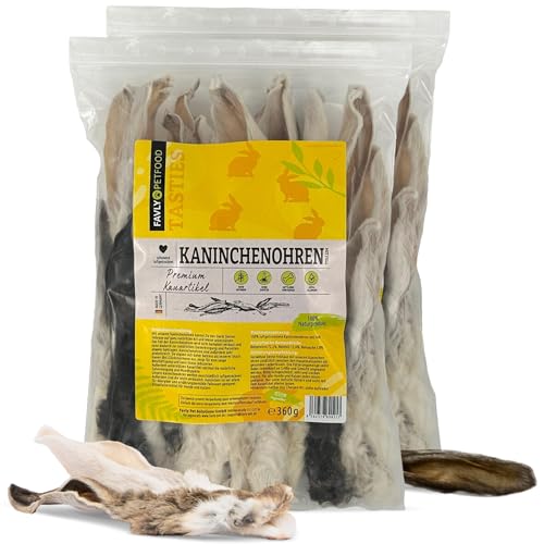 FAVLY Petfood Premium Kaninchenohren mit Fell für Hunde & Katzen 720g - luftgetrockneter Kauartikel - kann die Darmflora unterstützen - Hasenohren mit Fell für Welpen & große Hunde (2er Pack) von FAVLY Petfood