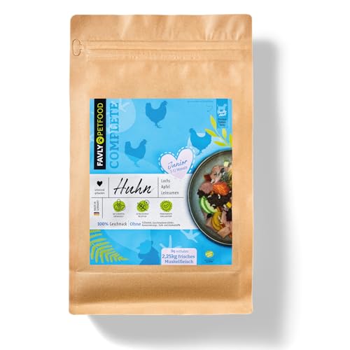 FAVLY Petfood Trockenfutter Huhn mit Lachs, Apfel & Leinsamen: garantiert frei von Fleischmehlen oder tierischen Nebenprodukten – Junior 3.000g von FAVLY Petfood