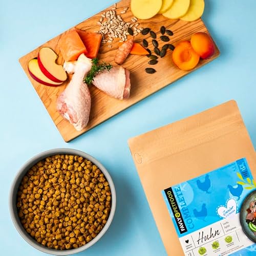 FAVLY Petfood Trockenfutter Huhn mit Lachs, Apfel & Leinsamen: garantiert frei von Fleischmehlen oder tierischen Nebenprodukten – Junior 800g von FAVLY Petfood