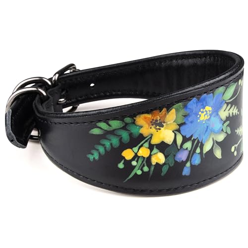 FAVPET Handbemalter Echtleder Windhund Halsband Breit mit QR Code Anhänger, Weiches Lederhalsband Hund Whippet Italienisches Windspiel Saluki Lurcher Spanischer Galgo Podenco (Blaue Mohnblumen, L) von FAVPET