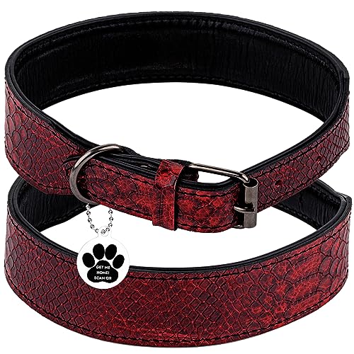 FAVPET Luxus Echtleder Halsband Hund Breit mit QR Code Anhänger, Gepolstertes Hundehalsband Leder Breit, Breites Lederhalsband Hund, Breite Hunde Halsbänder, Welpenhalsbänder Leder (Rot, XS) von FAVPET