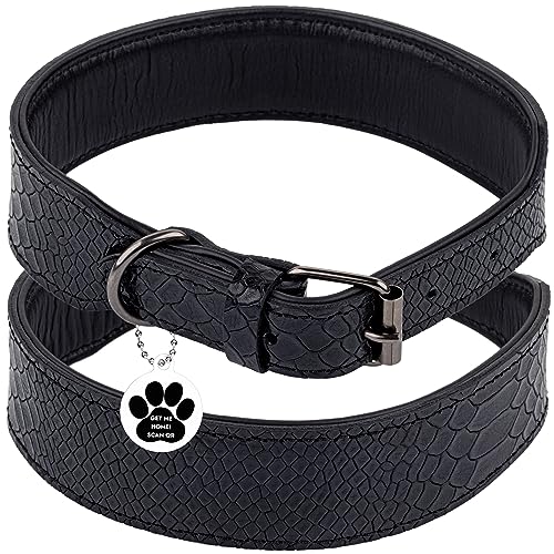 FAVPET Luxus Echtleder Halsband Hund Breit mit QR Code Anhänger, Gepolstertes Hundehalsband Leder Breit, Breites Lederhalsband Hund, Breite Hunde Halsbänder, Welpenhalsbänder Leder (Schwarz, S) von FAVPET