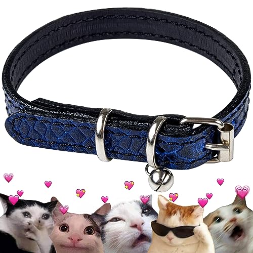 FAVPET Luxus Echtleder Katzenhalsband mit Glocke, Dünnes Katzenhalsband mit Metallschnalle, Schick Leder Katzen Halsbänder mit Glocke, Glöckchen Halsband Katze Leder, Katzen Lederhalsband (Blau) von FAVPET