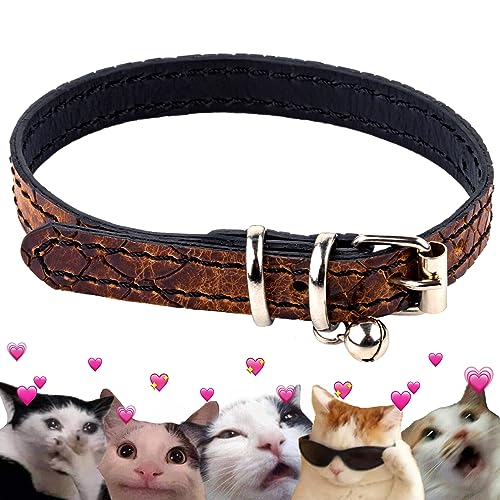 FAVPET Luxus Echtleder Katzenhalsband mit Glocke, Dünnes Katzenhalsband mit Metallschnalle, Schick Leder Katzen Halsbänder mit Glocke, Glöckchen Halsband Katze Leder, Katzen Lederhalsband (Braun) von FAVPET