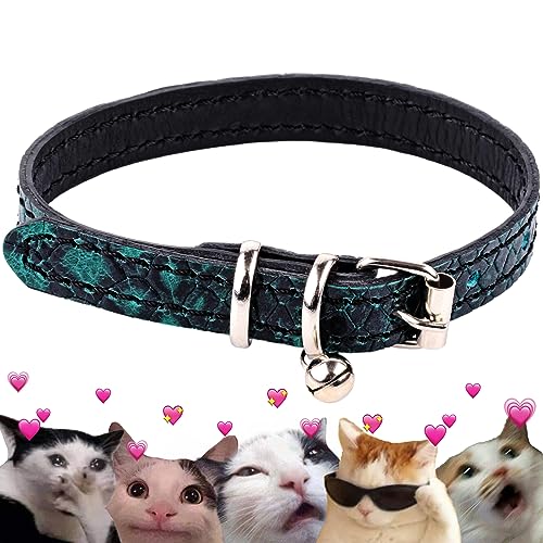 FAVPET Luxus Echtleder Katzenhalsband mit Glocke, Dünnes Katzenhalsband mit Metallschnalle, Schick Leder Katzen Halsbänder mit Glocke, Glöckchen Halsband Katze Leder, Katzen Lederhalsband (Grün) von FAVPET