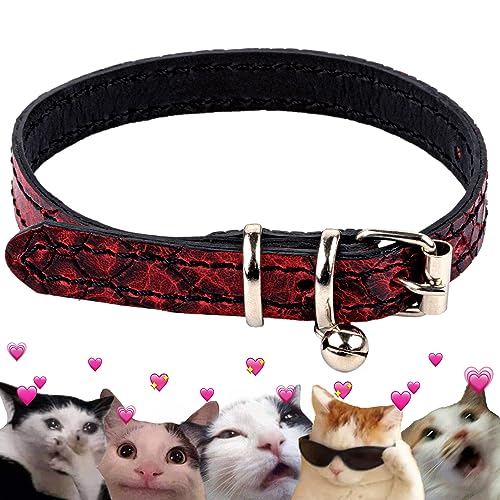 FAVPET Luxus Echtleder Katzenhalsband mit Glocke, Dünnes Katzenhalsband mit Metallschnalle, Schick Leder Katzen Halsbänder mit Glocke, Glöckchen Halsband Katze Leder, Katzen Lederhalsband (Rot) von FAVPET