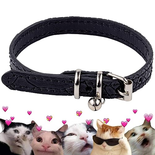 FAVPET Luxus Echtleder Katzenhalsband mit Glocke, Dünnes Katzenhalsband mit Metallschnalle, Schick Leder Katzen Halsbänder mit Glocke, Glöckchen Halsband Katze Leder, Katzen Lederhalsband (Schwarz) von FAVPET