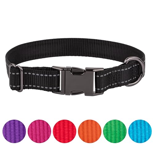 FAVPET Reflektierendes Hundehalsband Nylon, Reflektor Hund Halsband Verstellbar, Halsband Hund Klickverschluss, Halsband Hund Grosse Hunde, Hundehalsband Kleine Hunde, Welpen Halsbänder (Schwarz, S) von FAVPET