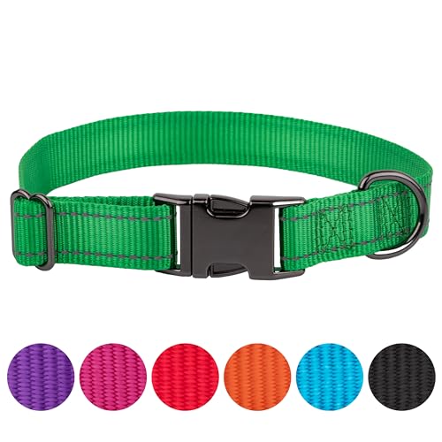 FAVPET Reflektierendes Hundehalsband Nylon, Reflektor Hund Halsband Verstellbar, Halsband Hund Klickverschluss, Halsband Hund Grosse Hunde, Hundehalsband Kleine Hunde, Welpen Halsbänder (Grün, S) von FAVPET