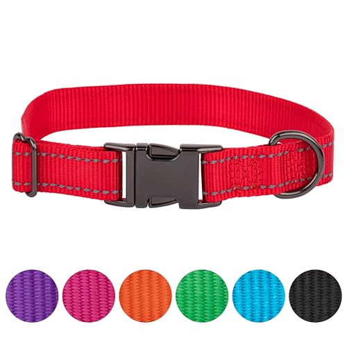 FAVPET Reflektierendes Hundehalsband Nylon, Reflektor Hund Halsband Verstellbar, Halsband Hund Klickverschluss, Halsband Hund Grosse Hunde, Hundehalsband Kleine Hunde, Welpen Halsbänder (Rot, L) von FAVPET