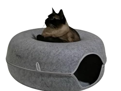 FAZLANIX Großes Haustier-Tunnelbett in Donut-Form, für den Innenbereich, für große Katzen/Kätzchen, flexibler Reißverschluss, abnehmbares Design, Größe 61 x 61 x 28 cm, 1,1 kg, Hellgrau von FAZLANIX