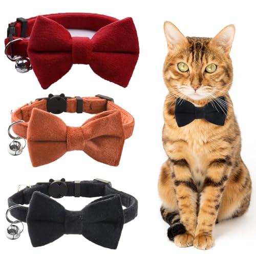 3 Stück Sicherheitshalsband Katze, Katzen Halsband, Einstellbar KatzenhalsbandMit Glocke, Weiches Baumwoll Katzenhalsband, Verkleide Dich Für Kätzchen Und Welpen（Schwarz, Karamell, Rot） von FDDU