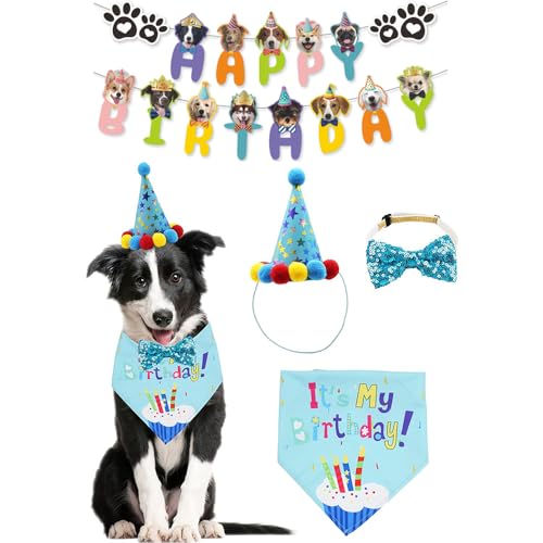 FDEETY Geburtstag Sparty Set für Hunde Hunde-Fliege Hund Happy Birthday Banner Hunde Geburtstags Outfit und Party Dekoration（Blau） von FDEETY