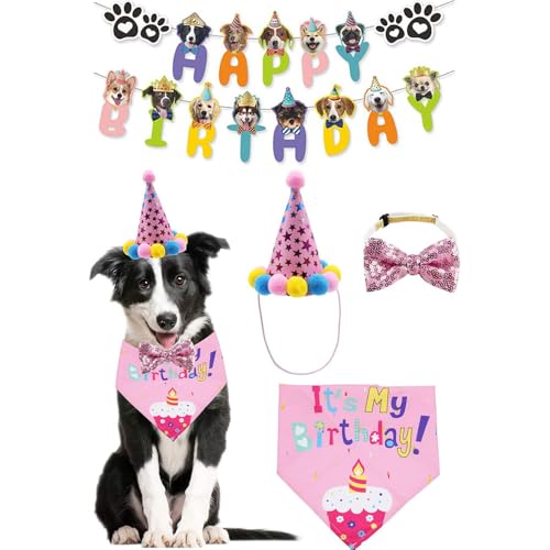 FDEETY Geburtstag Sparty Set für Hunde Hunde-Fliege Hund Happy Birthday Banner Hunde Geburtstags Outfit und Party Dekoration（Rosa） von FDEETY