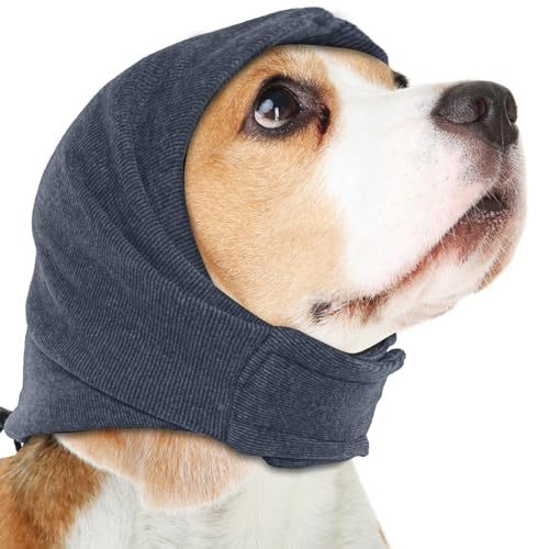 FDEETY Ohrenschutz für Hunde Beruhigende mit Verstellbarem Selbstklebendem Haustier Ohrenklappe Kopfwickel Ohrenschützer Winter Mütze Gehörschutz Hund für Angstlinderung und Beruhigung (L) von FDEETY