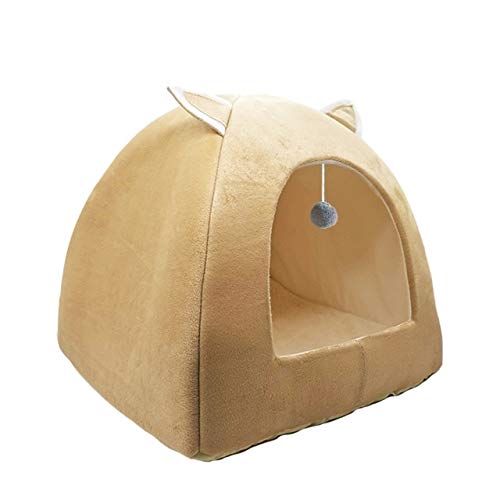 Katzenbett Haus Haustier Hund Kissen Turm Korb Zelt Faltbare Welpen Maskottchen Casa Plüsch Soft Kennel Mehrzweck -Beige Mit Ball, M 33cm 33cm 38cm von FDHGF