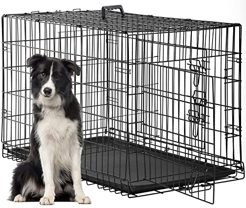 FDW Hundekäfig Hundekäfig Haustierkiste für große Hunde 121 cm Faltbarer Metallkäfig Doppeltür W/Trennwand Indoor Outdoor Hundehütte Auslaufsichere Kunststoffschale Draht Tierkäfig von FDW