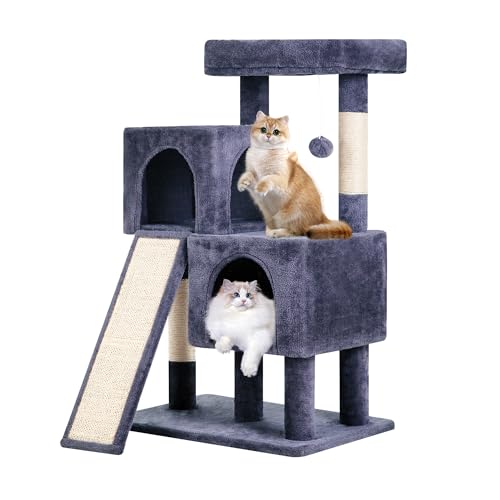 FDW Katzenbaum für Indoor-Katzen, 91,4 cm, Katzenturm, mehrstöckig, Indoor-Katzenspiel-Kondo-Haus mit Kratzstämmen, geräumiger Sitzstange, Sisalstämmen und baumelnden Spielzeugen (Dunkelgrau) von FDW