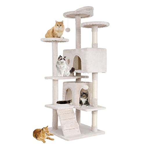 FDW Kratzbaum, Höhe 139 cm, Spielturm für Katzen, mit 2 Höhlen, 3 Plattformen, 2 Kugeln aus Sisal, Kletterbaum, mehrere Ebenen, ideal für 3-4 Katzen, Beige von FDW