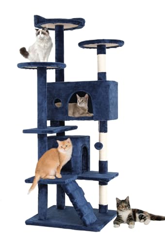 FDW Kratzbaum, Höhe 139 cm, Spielturm für Katzen, mit 2 Höhlen, 3 Plattformen, 2 Kugeln aus Sisal, Kletterbaum, mehrere Ebenen, ideal für 3-4 Katzen, Grau / Marineblau von FDW