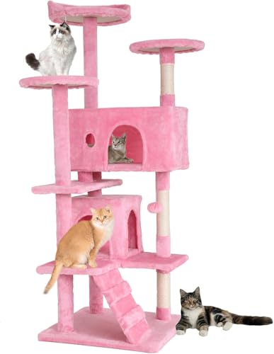 FDW Kratzbaum, Höhe 139 cm, Spielturm für Katzen, mit 2 Höhlen, 3 Plattformen, 2 Kugeln aus Sisal, Kletterbaum, mehrere Ebenen, ideal für 3-4 Katzen, Grau / Rosa von FDW