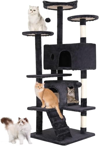 FDW Kratzbaum, Höhe 139 cm, Spielturm für Katzen, mit 2 Höhlen, 3 Plattformen, 2 Kugeln aus Sisal, Kletterbaum, mehrere Ebenen, ideal für 3-4 Katzen, dunkelgrau von FDW