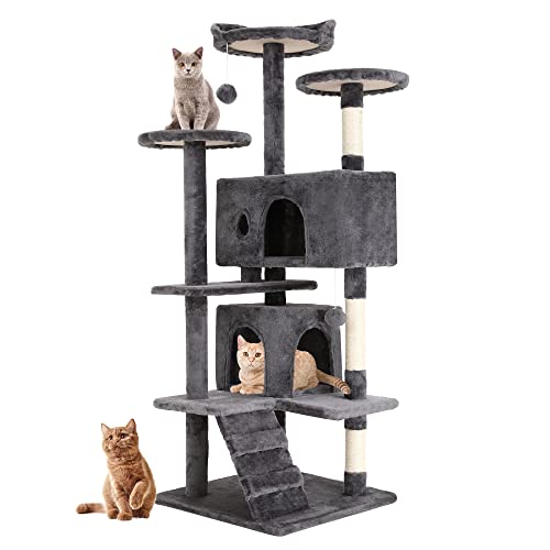 FDW Kratzbaum, Höhe 139 cm, Spielturm für Katzen, mit 2 Höhlen, 3 Plattformen, 2 Kugeln aus Sisal, Kletterbaum, mehrere Ebenen, ideal für 3-4 Katzen, hellgrau von FDW