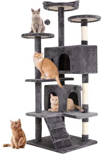 FDW Kratzbaum, Höhe 139 cm, Spielturm für Katzen, mit 2 Höhlen, 3 Plattformen, 2 Kugeln aus Sisal, Kletterbaum, mehrere Ebenen, ideal für 3-4 Katzen, hellgrau von FDW