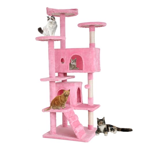 Kratzbaum, Höhe 139 cm, Spielturm für Katzen, mit 2 Höhlen, 3 Plattformen, 2 Kugeln aus Sisal, Kletterbaum, mehrere Ebenen, ideal für 3-4 Katzen, Rosa von FDW