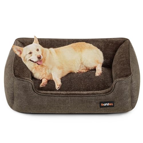 Feandrea Hundebett, Hundekissen in Leinenoptik, Hundekorb, erhöhte Ränder, rutschfeste Unterseite, Bezug abnehmbar waschbar, L, für mittelgroße Hunde, 90 x 75 x 25 cm, braun PGW11CC von Feandrea