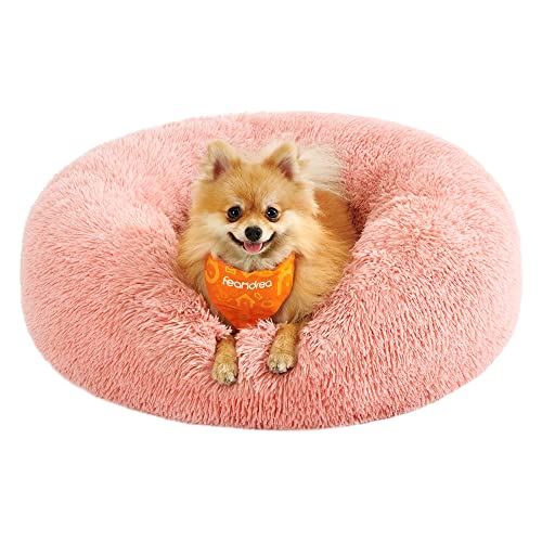 Feandrea Hundebett flauschig, Katzenbett, Donut Kissen, waschbar, Polsterung in der Mitte herausnehmbar, langer Plüsch, 60 cm Durchmesser, rosa PGW038P01 von Feandrea