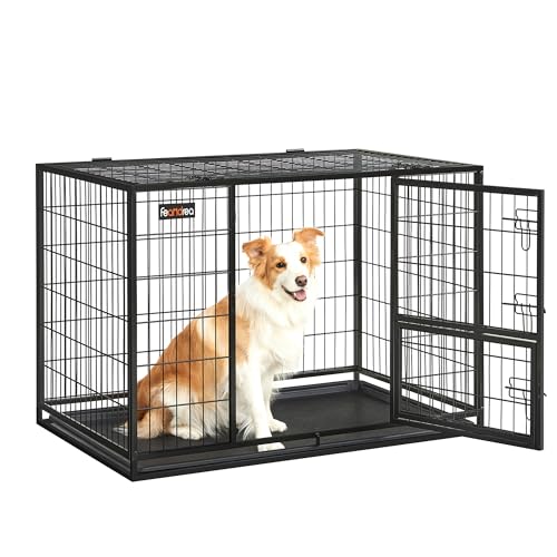 Feandrea Hundekäfig hochbelastbar, Gitterbox, transportabler Haustierkäfig, 107 x 70 x 75 cm, für mittelgroße, große Hunde, sicher, 2 abnehmbare Türen, Welpenauslauf, XL, tintenschwarz PPD001B01 von Feandrea