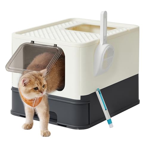 Feandrea Katzenklo, Katzentoilette, mit Deckel, ausziehbares Tablett, Schaufel, Bürste, geräumig für Katzen bis 15 kg, weniger Spuren, auslaufsicherer Boden, beige-schwarz PPT001W01 von Feandrea