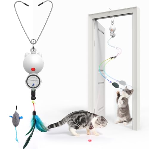 FEELNEEDY Katzenspielzeug Elektrisch mit LED Red Light Spielzeug für Katzen, Cat Toy Hängendes Automatisch Einziehbares Interaktives Spielzeug Teaser Selbstspiel Federspielzeug (Weiß) von FEELNEEDY