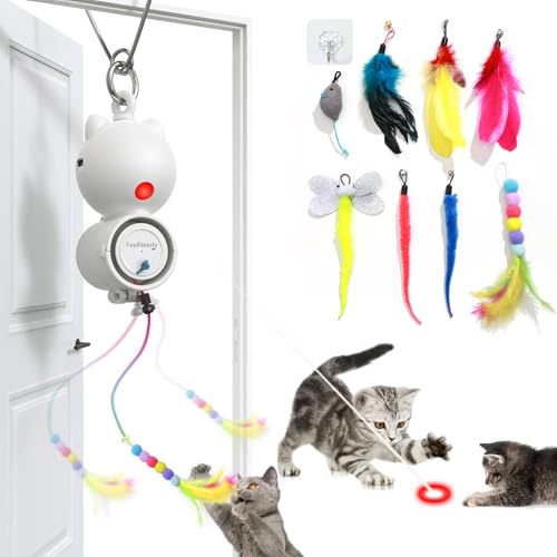 FEELNEEDY Katzenspielzeug Interaktive mit Led-Rotlicht 2 In 1 Spielzeug Intelligenz Elektrisch für Katzen Feders&Maus&Kuscheltier Schnur Einziehbare Design Hängendes Spielzeug Selbstbeschäftigung von FEELNEEDY