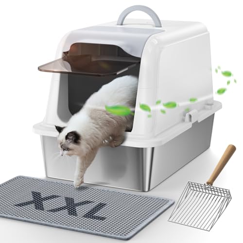 Geschlossene Edelstahl Katzenklo XXL mit Deckel, FEELNEEDY Set mit Katzentoilette+Katzenstreumatte+Schaufel für Katzenstreu, Einfache Reinigung, Weiß Stainless Steel Cat Litter Box von FEELNEEDY