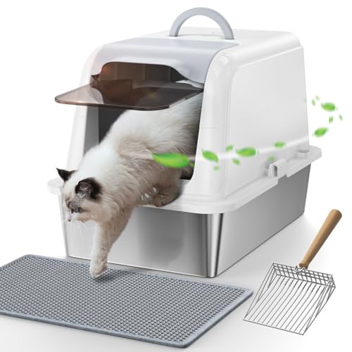 Geschlossene Edelstahl Katzenklo XXL mit Deckel, FEELNEEDY Set mit Katzentoilette+Katzenstreumatte+Schaufel für Katzenstreu, Einfache Reinigung, Weiß Stainless Steel Cat Litter Box von FEELNEEDY