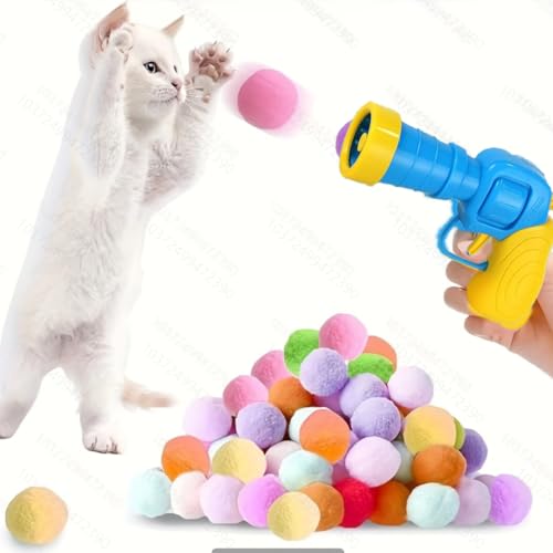 FEESEN Plüschball-Schießpistole, Katzengeschenke, Katzenspielzeug, Ballpistolen-Werfer, 100 Katzenspielzeug-Waffen und 100 Katzen-Pom-Bälle, interaktives Spielzeug, leiser elastischer Plüschball für von FEESEN