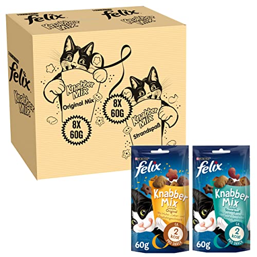 FELIX Knabber Mix Original & Strandspaß, Katzensnack mit verschiedenen Sorten Mixtray 2x(8x60g) von Felix