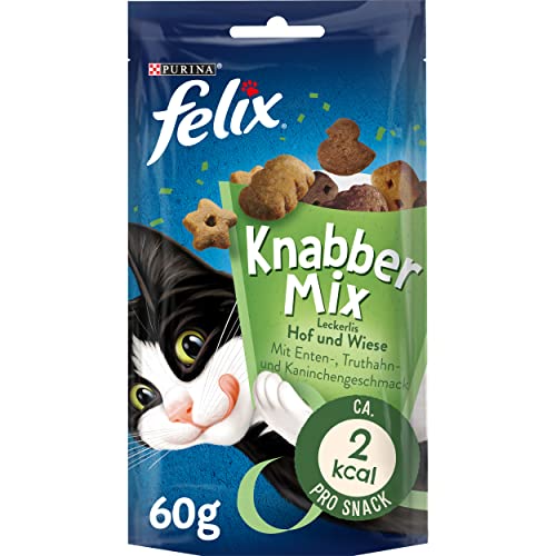 FELIX KnabberMix Hof & Wiese Katzensnack, Knusper-Leckerlie mit 3 Geschmacksrichtungen, 8er Pack (8 x 60g) von Felix