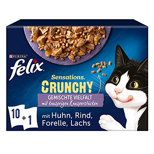 FELIX Sensations Crunchy Katzenfutter nass in Gelee, Sorten-Mix, 6er Pack (6 x 10 Beutel à 85g) von Felix