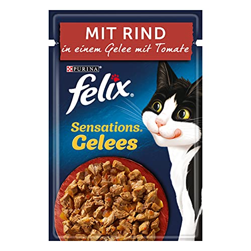 FELIX Sensations Gelees Katzenfutter nass, mit Rind & Tomate in Gelee, 26er Pack (26 x 85g) von Felix