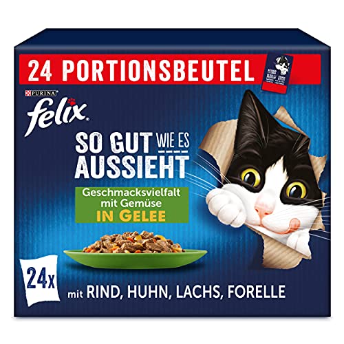 FELIX So gut wie es aussieht Katzenfutter nass Geschmacksvielfalt mit Gemüse in Gelee mit Rind, Huhn Lachs, Forelle, 4er Pack (4 x 24 Beutel à 85g) von Felix