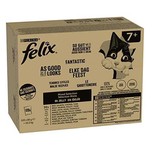 FELIX So gut wie es aussieht Senior Katzenfutter nass in Gelee, Sorten-Mix, 120er Pack (120 x 85g) Rind, Lachs, Huhn, Thunfisch von Felix