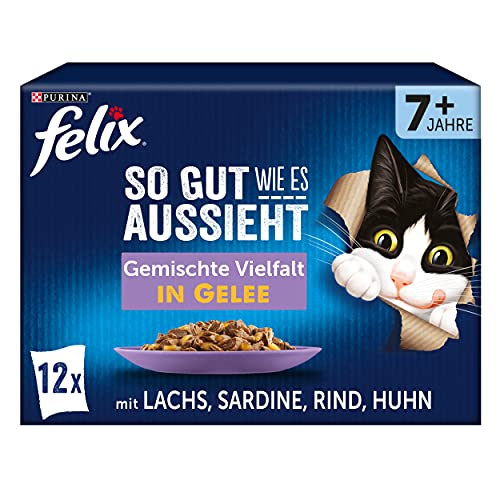 FELIX So gut wie es aussieht Senior Katzenfutter nass in Gelee, Sorten-Mix, 6er Pack (6 x 12 Beutel à 85g) Rind, Lachs, Huhn Sardine von Felix